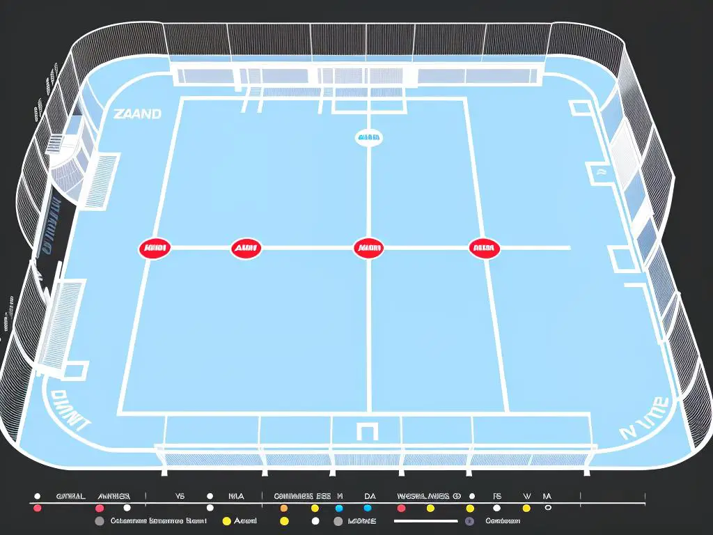 Diagram of an ice hockey rink layout, showing the defensive zone, neutral zone, and offensive zone, along with various markings such as faceoff circles and blue lines.