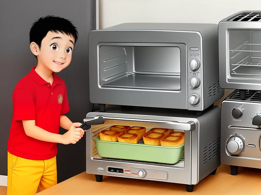 Cartoon image of a child asking an adult about safely using a toaster oven