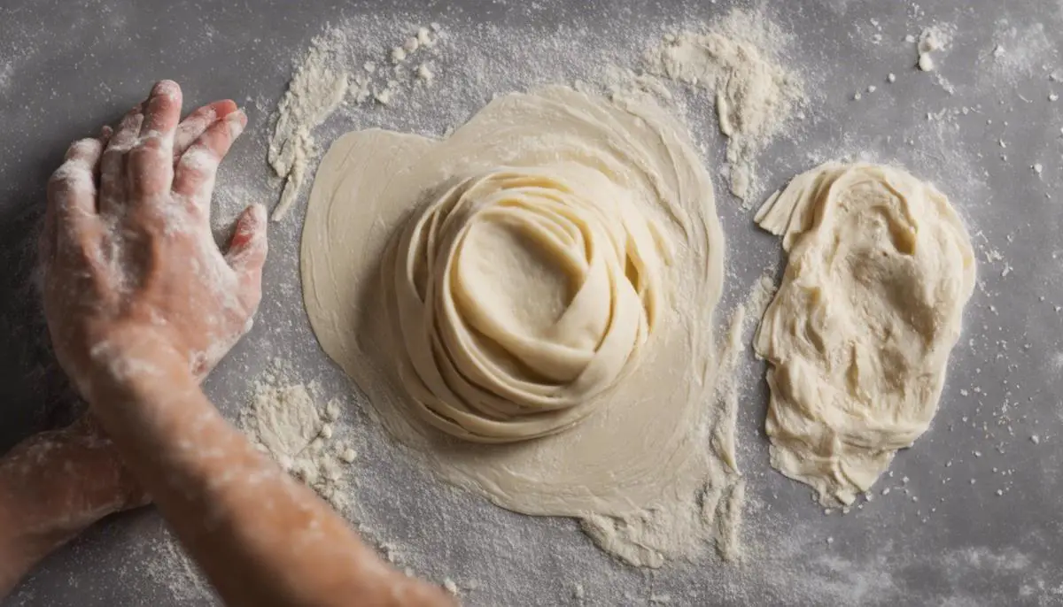 Hands kneading and shaping homemade pasta dough on a floured surface