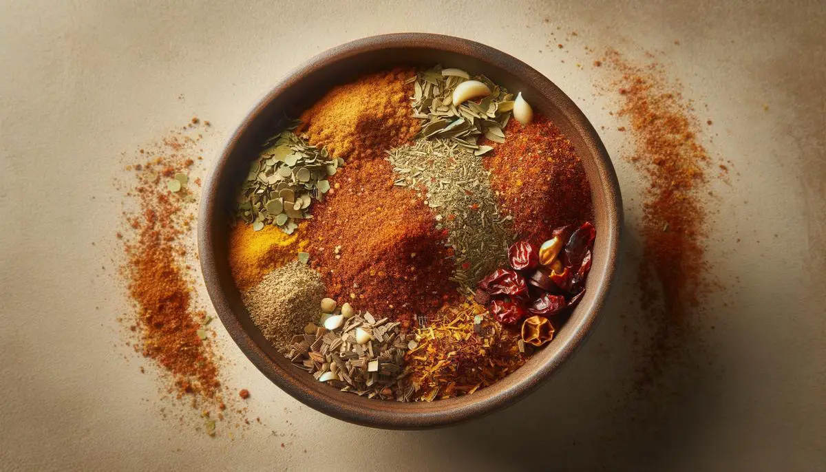 A close up view of a bowl of homemade Mexican taco seasoning mix, showing the blend of spices