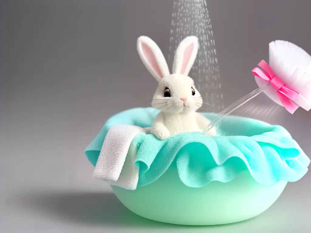 A cartoon bunny taking a shower with a loofah and soap, surrounded by bubbles.