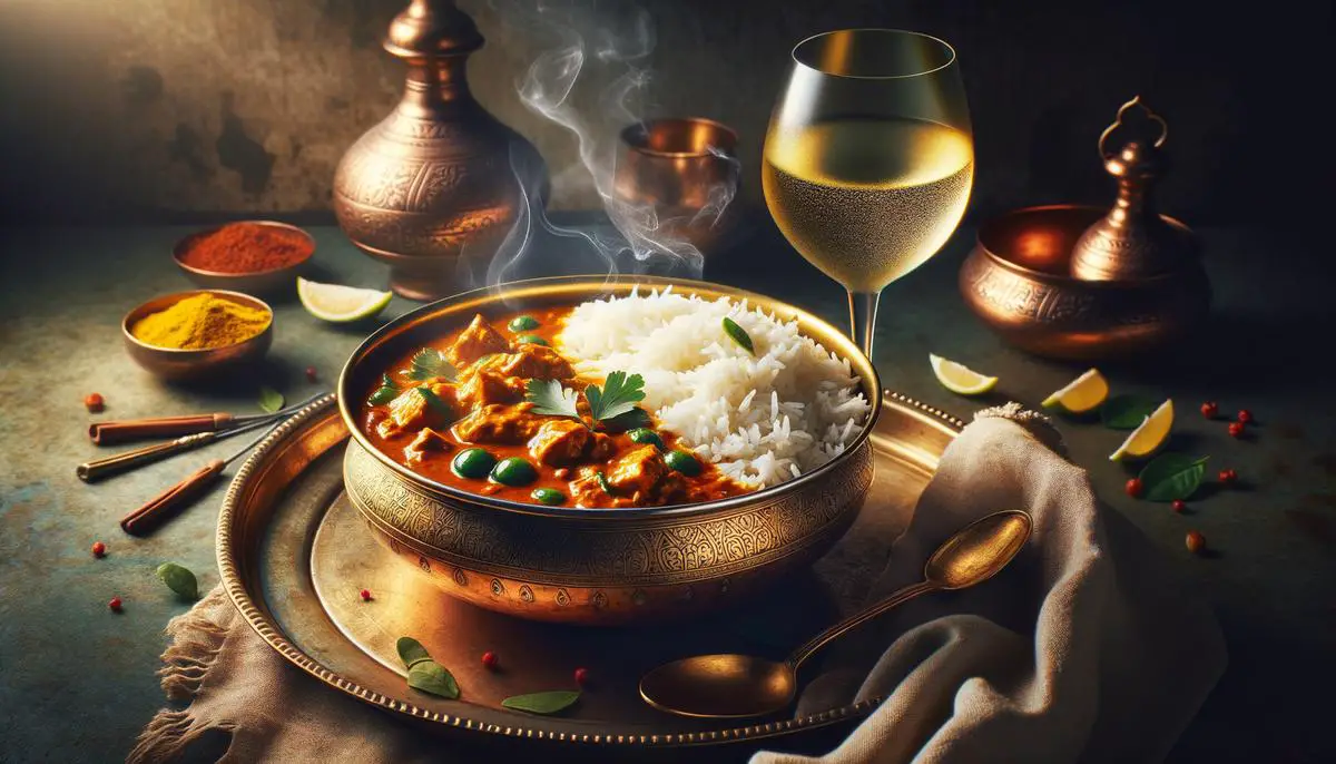 A colorful Indian curry dish with rice, served in a traditional copper bowl, alongside a glass of chilled Gewürztraminer wine.