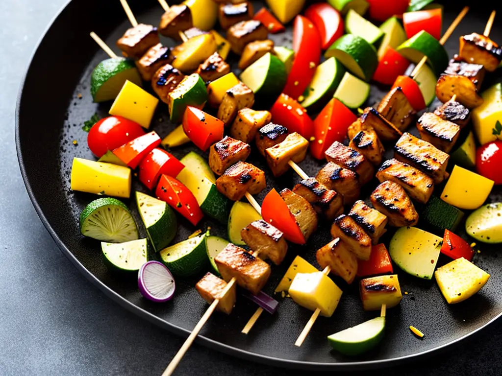 A picture of sizzling satay skewers being grilled with smoke coming out of them, surrounded by a bunch of chopped vegetables.