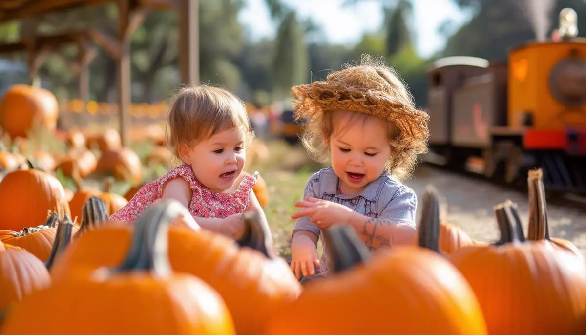 Toddlers enjoying activities at Irvine Park Railroad Pumpkin Patch