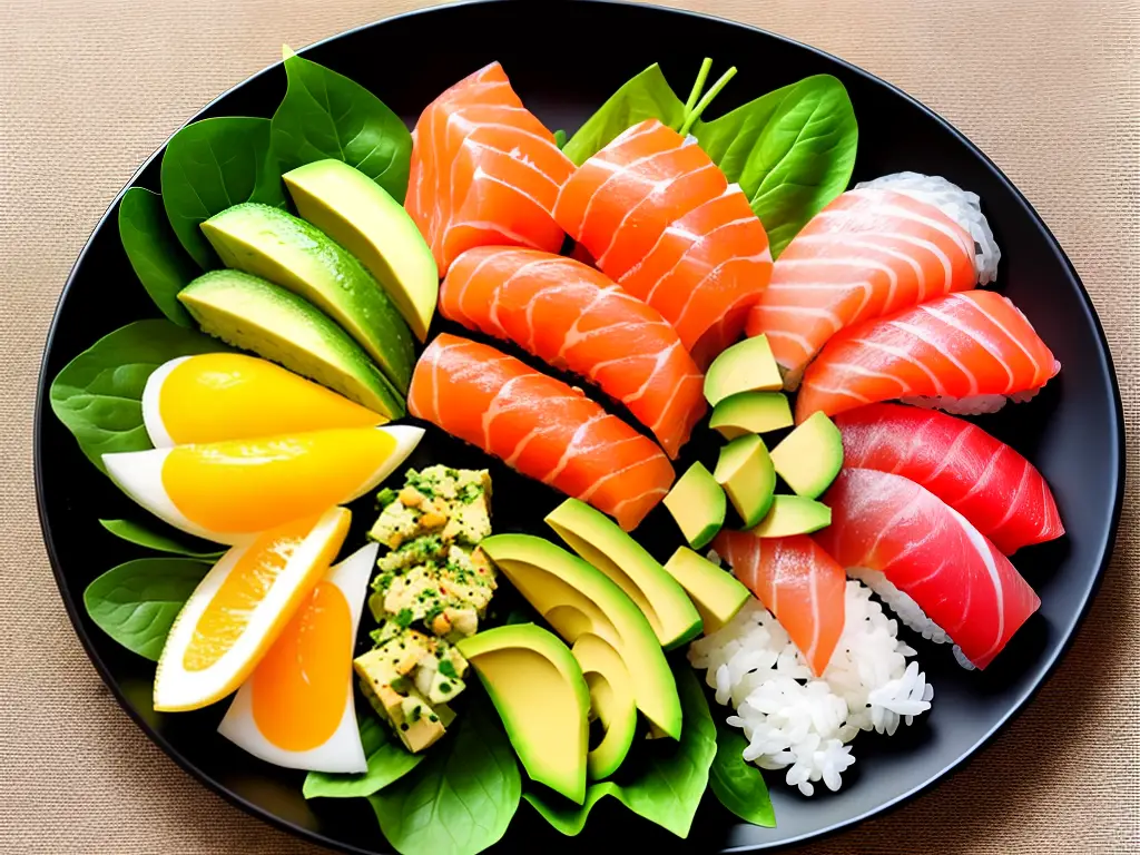 A beautiful image of a plate of fresh sushi with various toppings like salmon, tuna, avocado arranged in an artful way, and a garnish of green leaves.