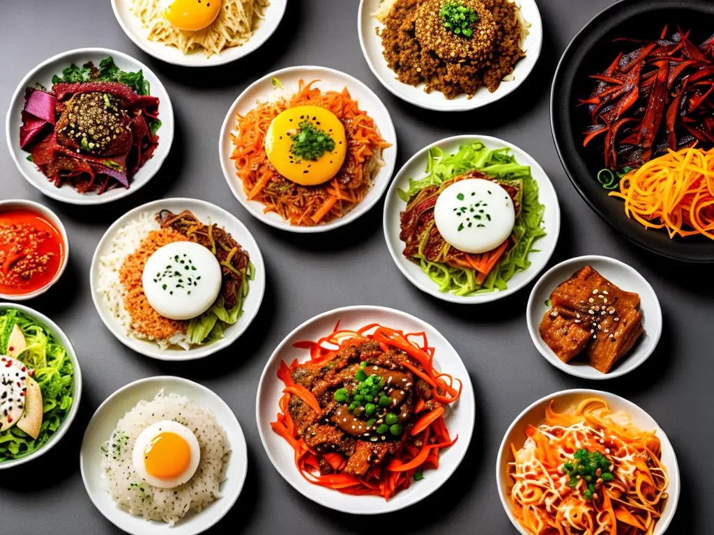 An image of various Korean dishes, such as kimchi, bulgogi, and bibimbap, arranged on small plates with colorful and vibrant hues.