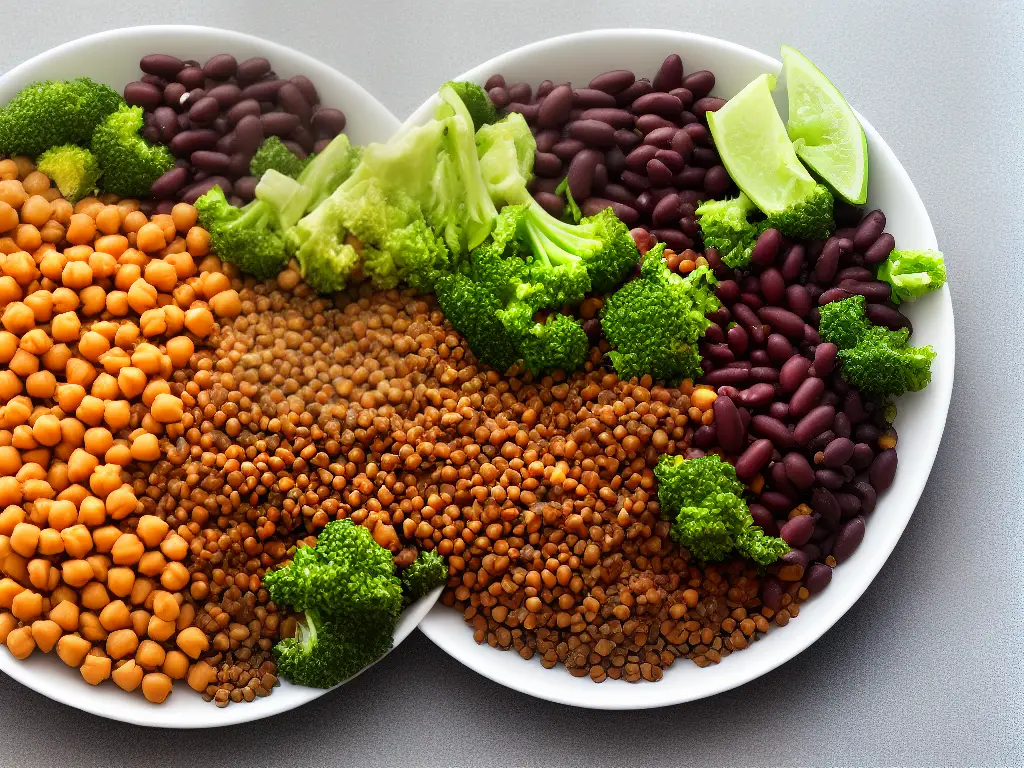 An image of different types of legumes, including lentils, chickpeas, black beans, kidney beans, and navy beans, laid out on a plate.