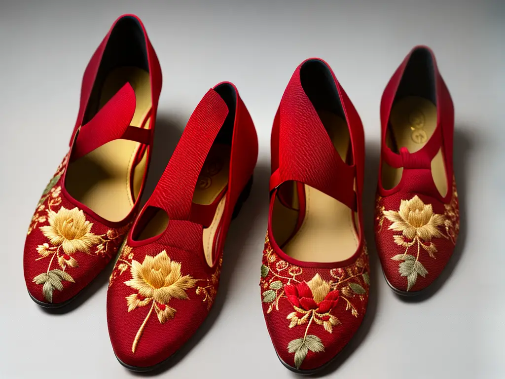 An image of a pair of red and gold embroidered lotus shoes with a highly arched and compressed foot shape, representing the ideal form of bound feet in China.