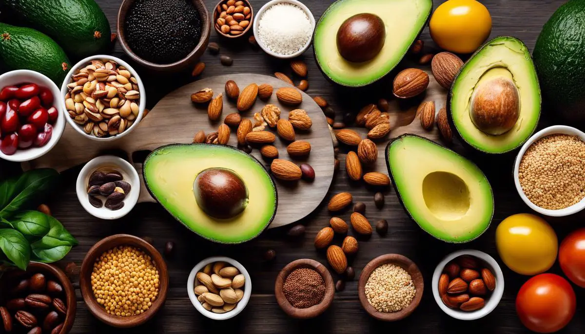 An image showcasing a variety of healthy foods, including avocados, nuts, meats, whole grains, and legumes, representing the macronutrients discussed in the text.