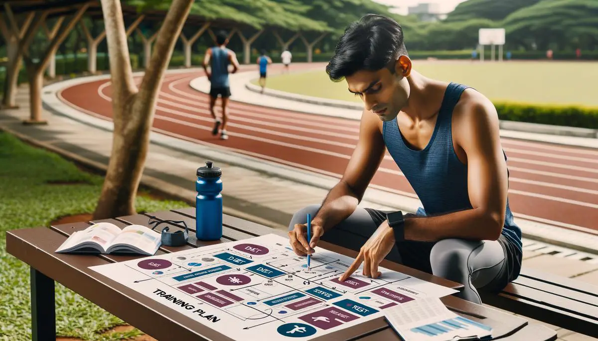 Image of a marathon runner preparing for a race by training with a detailed plan