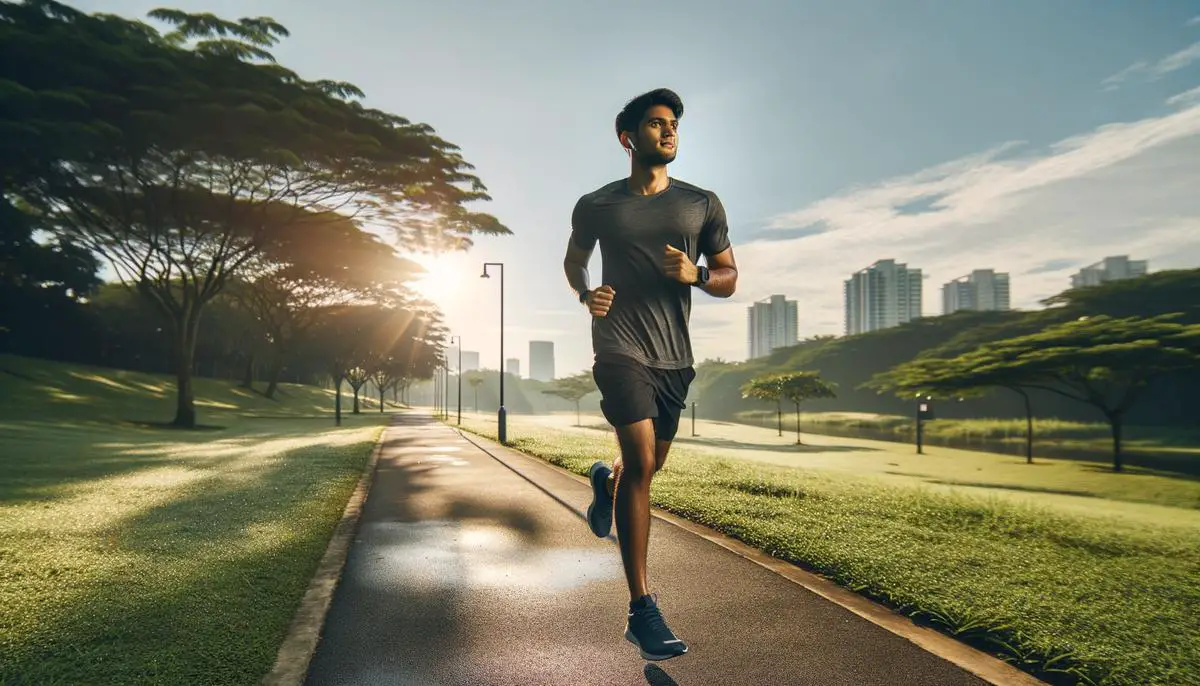 A person running outdoors on a bright, sunny day.