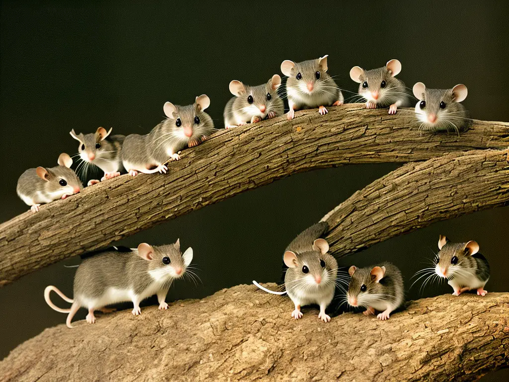 Illustration of mice forming a social hierarchy with the dominant male overseeing the group and subordinate individuals at the bottom.