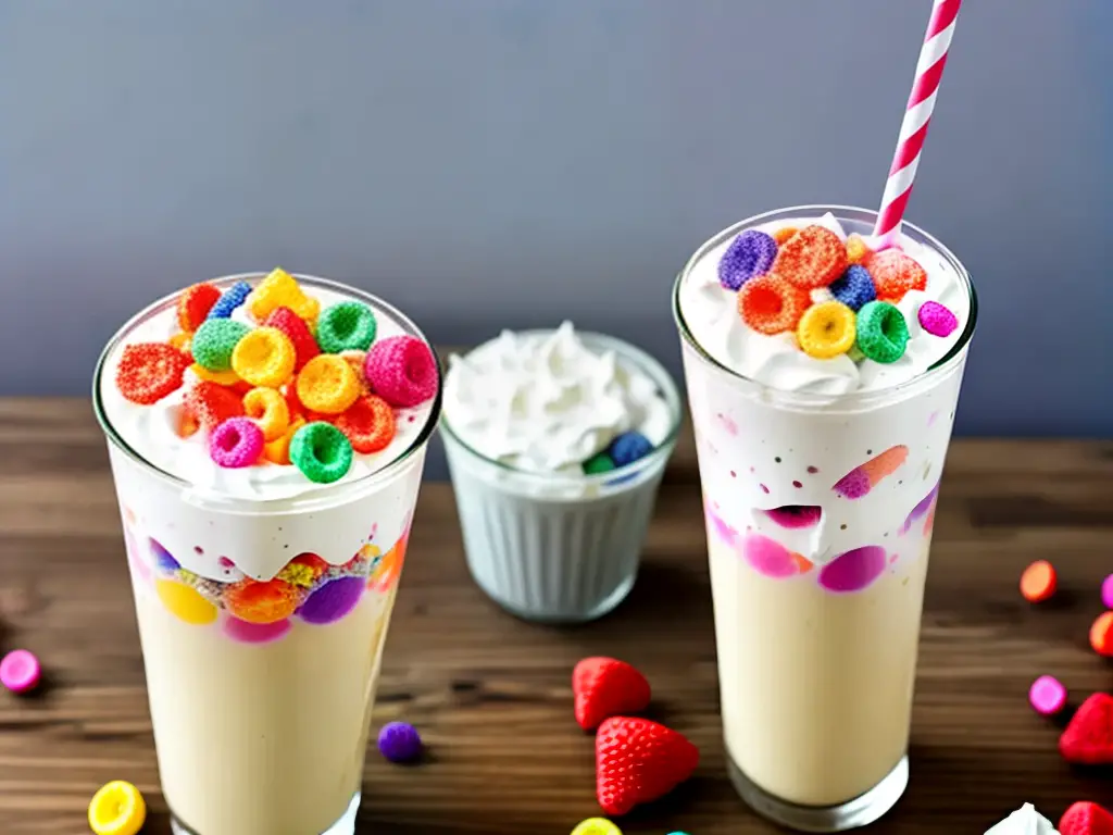 A tall glass filled with a creamy milkshake topped with whipped cream and colorful Fruit Loops cereal sprinkled on top.