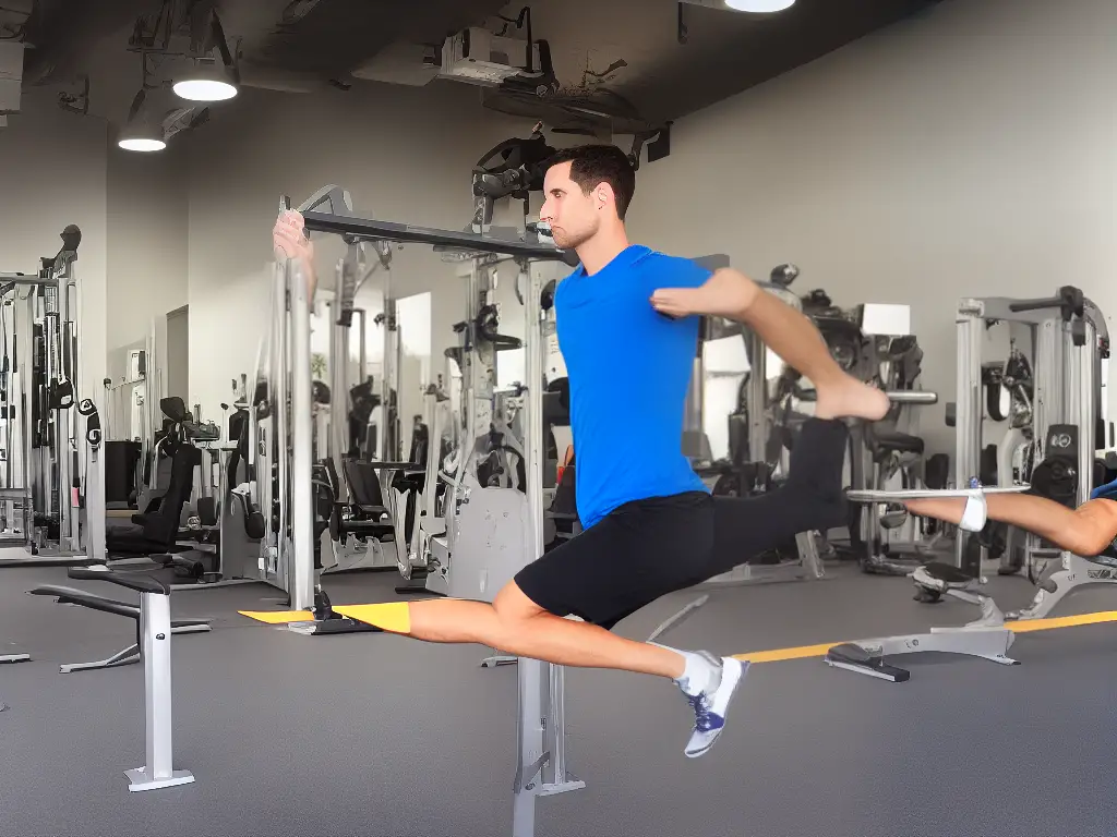 Example of a person performing a dynamic stretching exercise for their legs, with their foot extended on a bar. The person's muscles are engaged and their body is slightly leaned forward.