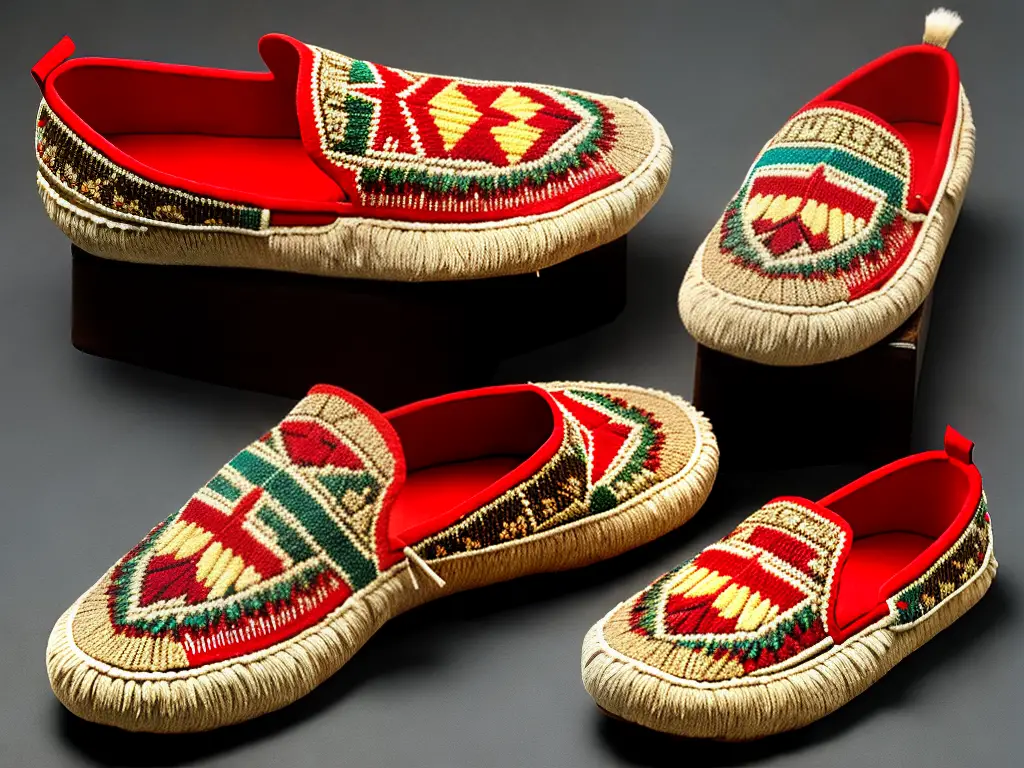 An example of a pair of traditional Native American moccasins made out of deer hide and decorated with intricate beadwork.