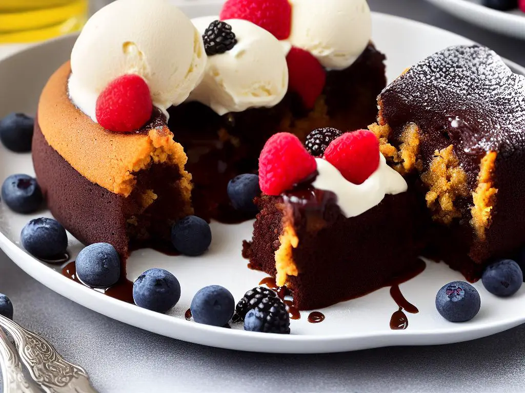 Picture of a slice of molten lava cake with a runny chocolate center, topped with vanilla ice cream and fresh berries