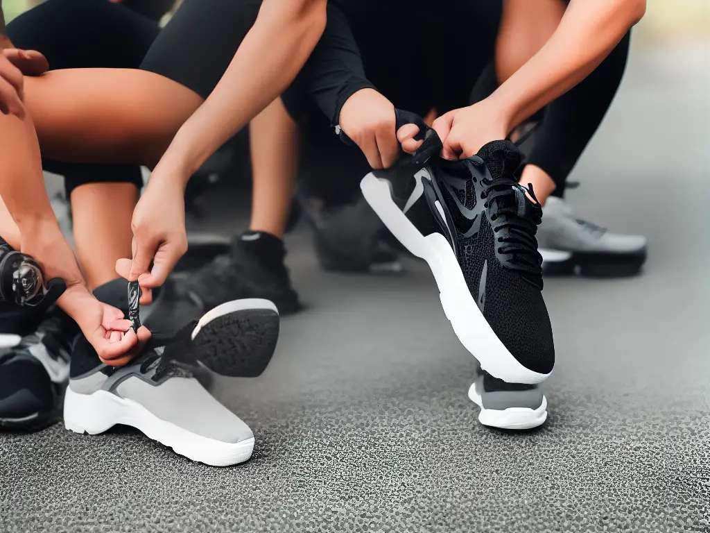 A person tying up their shoelaces with a smiling face ready for a workout.