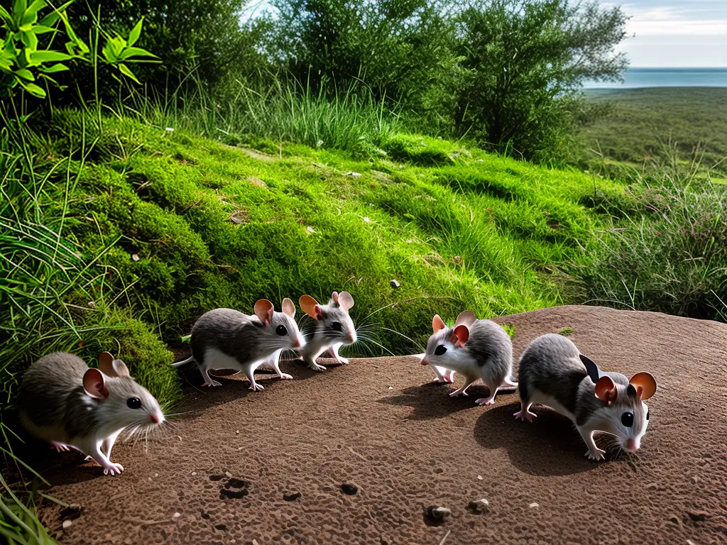 An image of different mice species looking out from their habitat onto a varied terrain while interacting with each other