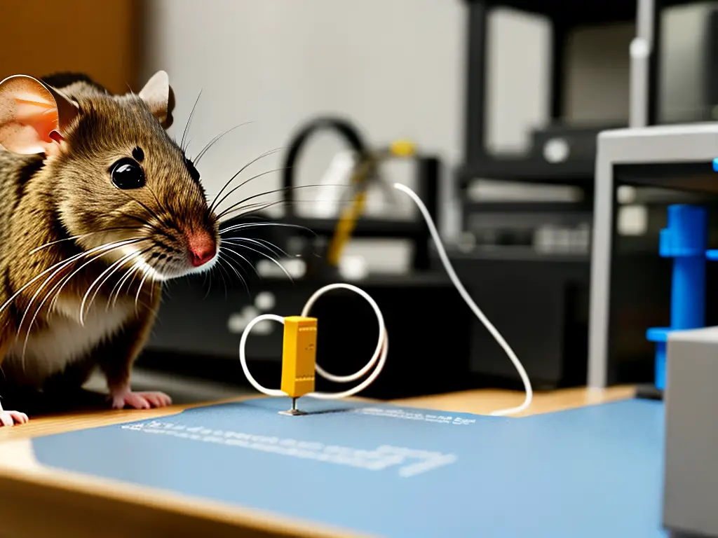 An image of a mouse in a laboratory setting with maze and tools to show their problem-solving capabilities.