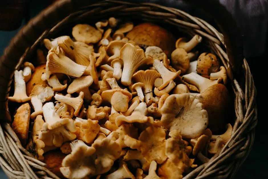 A person holding a basket of freshly foraged mushrooms in a forest clearing