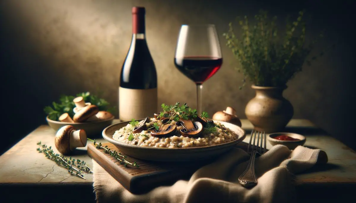 A plate of creamy mushroom risotto, garnished with fresh herbs, alongside a glass of Pinot Noir wine.