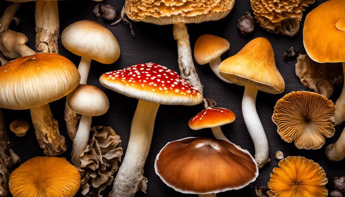 A close-up image of various mushrooms showcasing their different shapes, sizes, and colors.