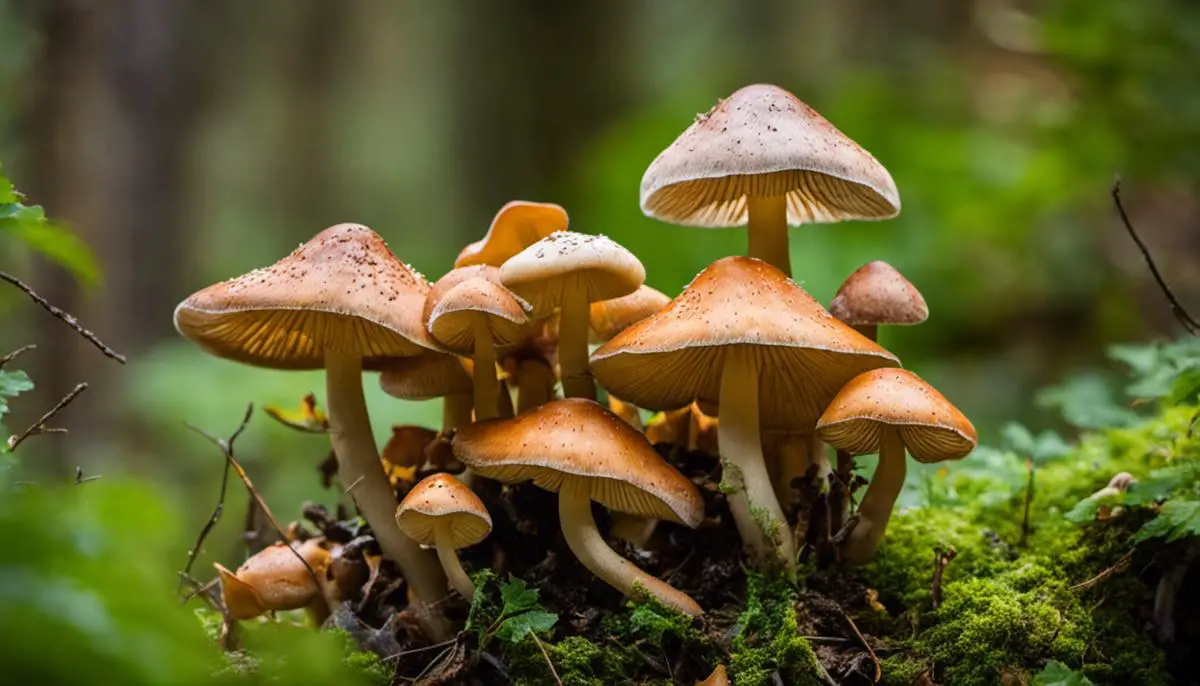 Close-up photo of various types of mushrooms growing in a forest, showcasing their diversity and importance in ecosystems.