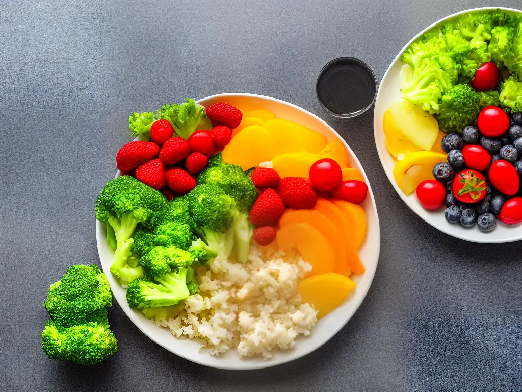 An image of a plate with a balanced meal including protein, carbohydrates, fruits, vegetables, and a glass of water.