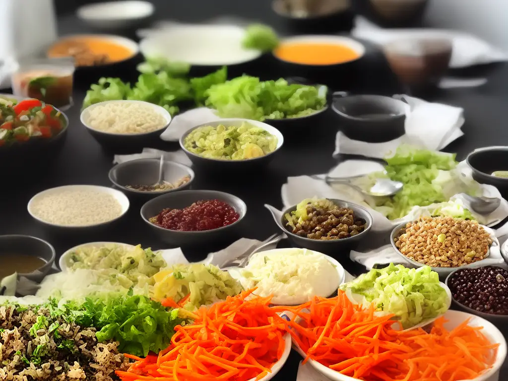 An image of a training table with healthy food choices like whole grains, fruits, vegetables, lean protein sources, and water on plates and glasses.