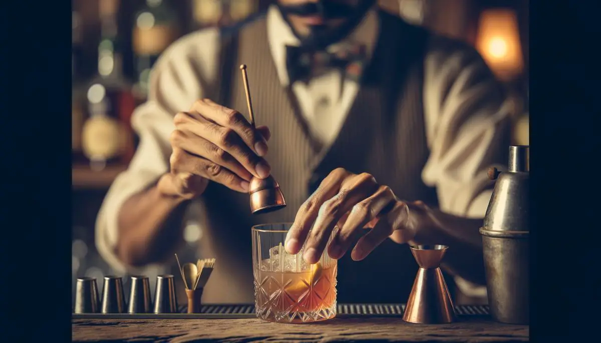 A bartender preparing an Old Fashioned cocktail, muddling sugar and bitters in a lowball glass.