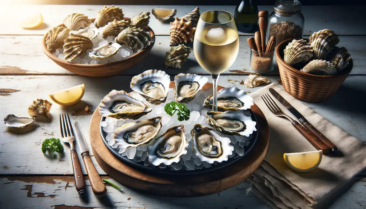 A plate of freshly shucked oysters on a bed of crushed ice, with a glass of chilled Sauvignon Blanc wine beside it.