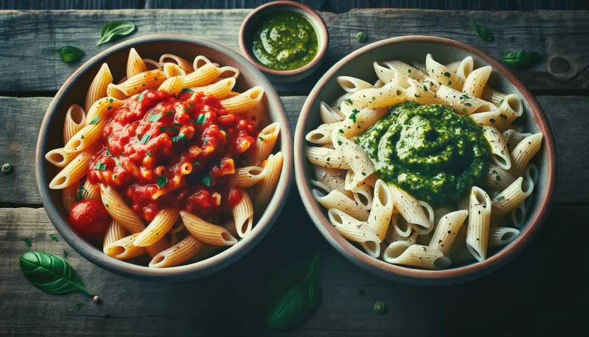 Three bowls of pasta with marinara, alfredo and pesto sauces