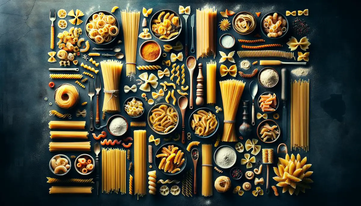 Assortment of different pasta shapes and varieties like spaghetti, fusilli, penne, farfalle, rigatoni, conchiglie and tagliatelle