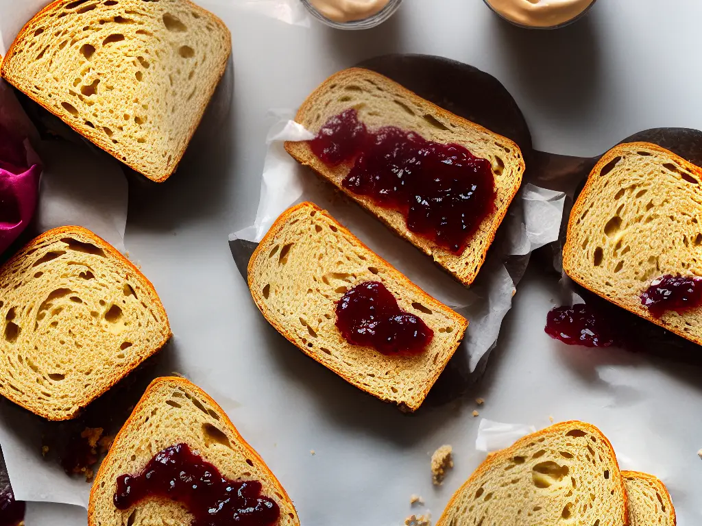 A photo of two slices of bread with peanut butter and jelly spread on them, ready to be made into a sandwich.