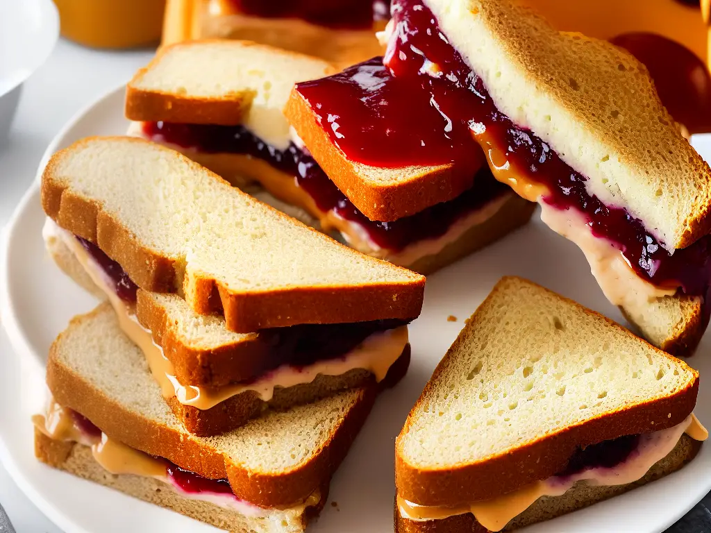 A traditional peanut butter and jelly sandwich on sliced white bread with the crusts cut off.