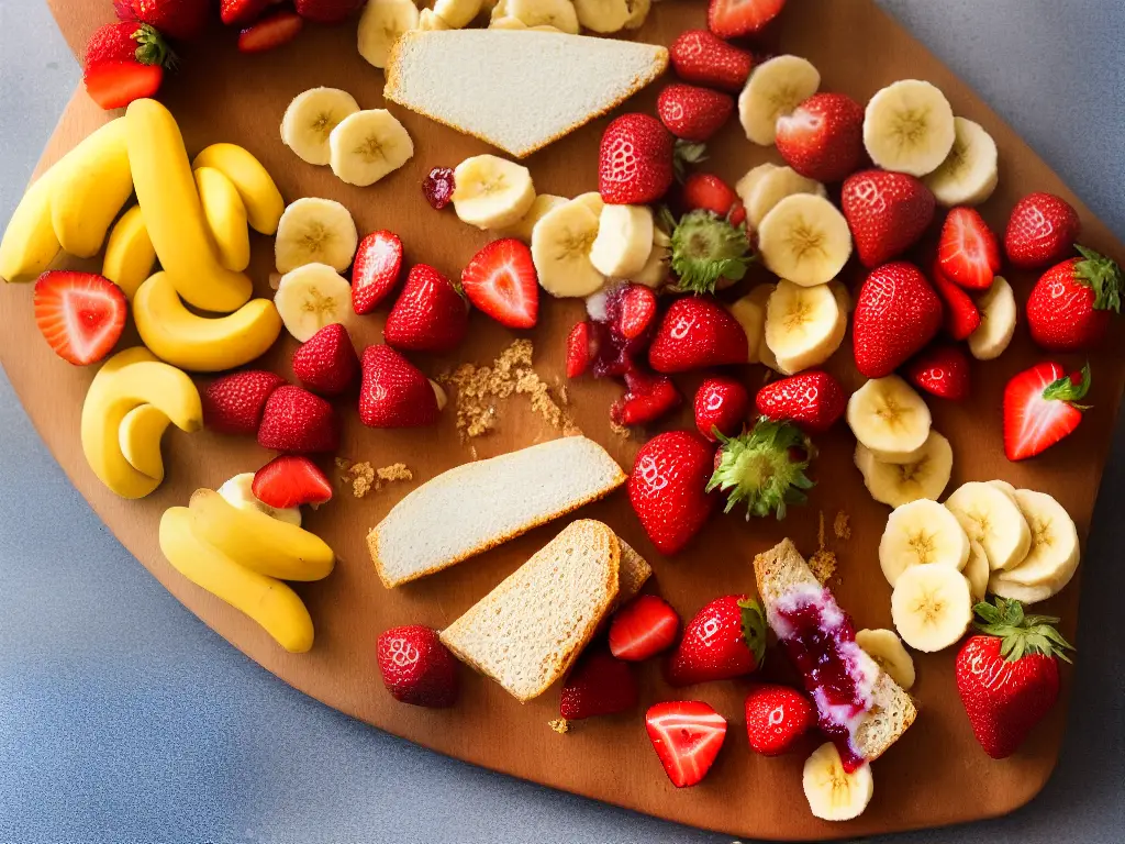 An image of a peanut butter and jelly sandwich cut diagonally with crusts removed and surrounded by a variety of sliced fruits, such as strawberries and bananas, on a wooden cutting board. 