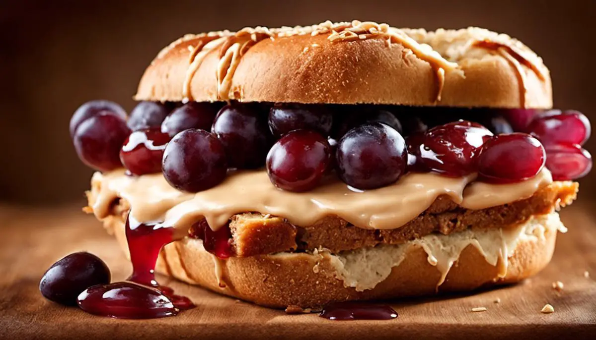 A close-up image of a PB&J sandwich with the bread, creamy peanut butter, and grape jelly perfectly layered.