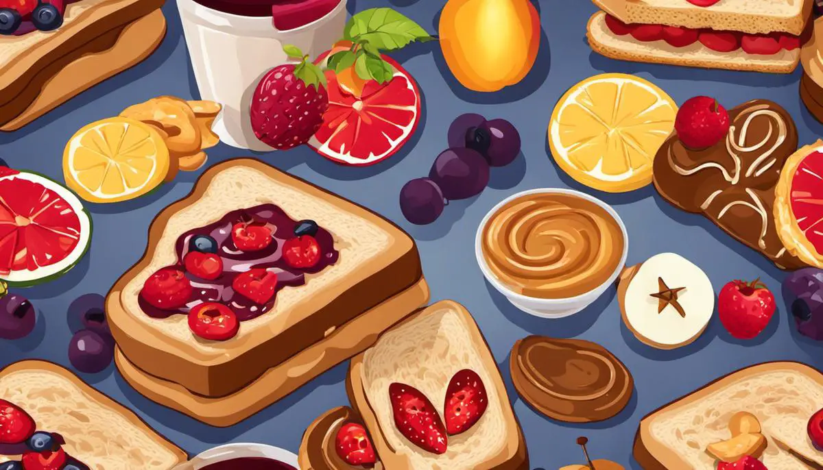 Illustration of a peanut butter and jelly sandwich with fruits, pretzels, and shaped bread, showcasing the various suggested additions and modifications to the classic sandwich.