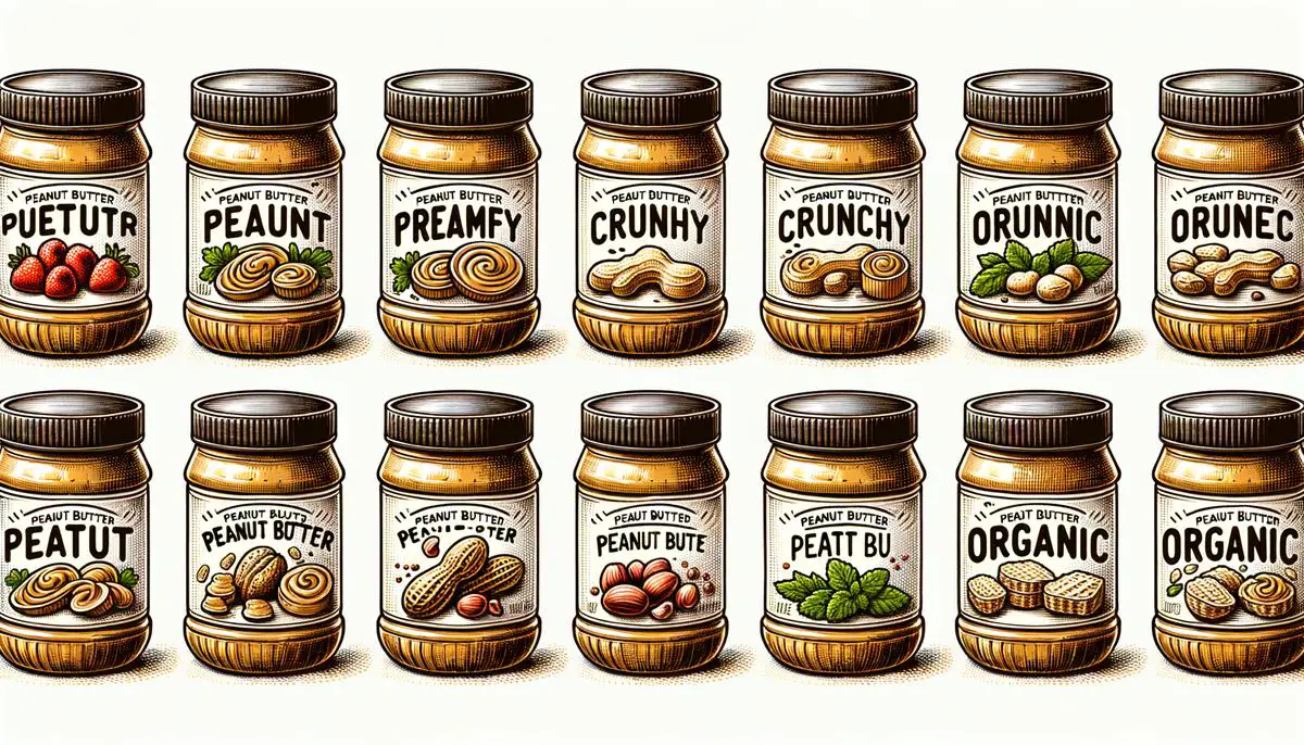 A variety of peanut butter jars with different labels showing options such as creamy, crunchy, and organic