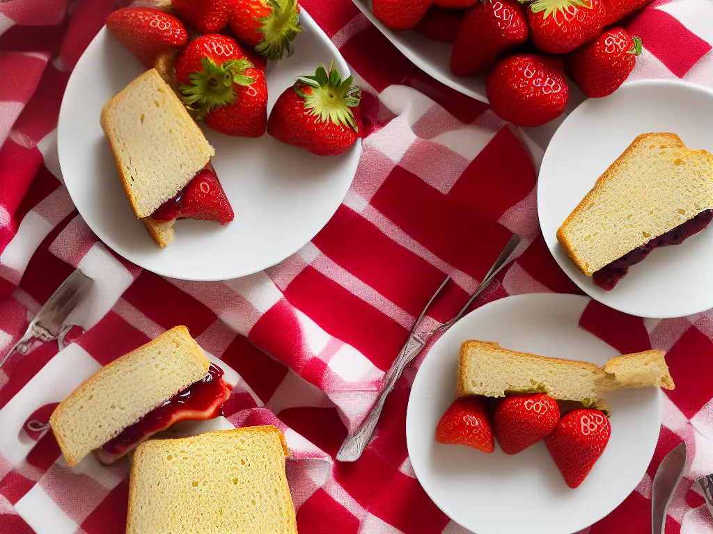 A peanut butter and jelly sandwich cut in half with whole strawberries nearby on a red and white checkered tablecloth.