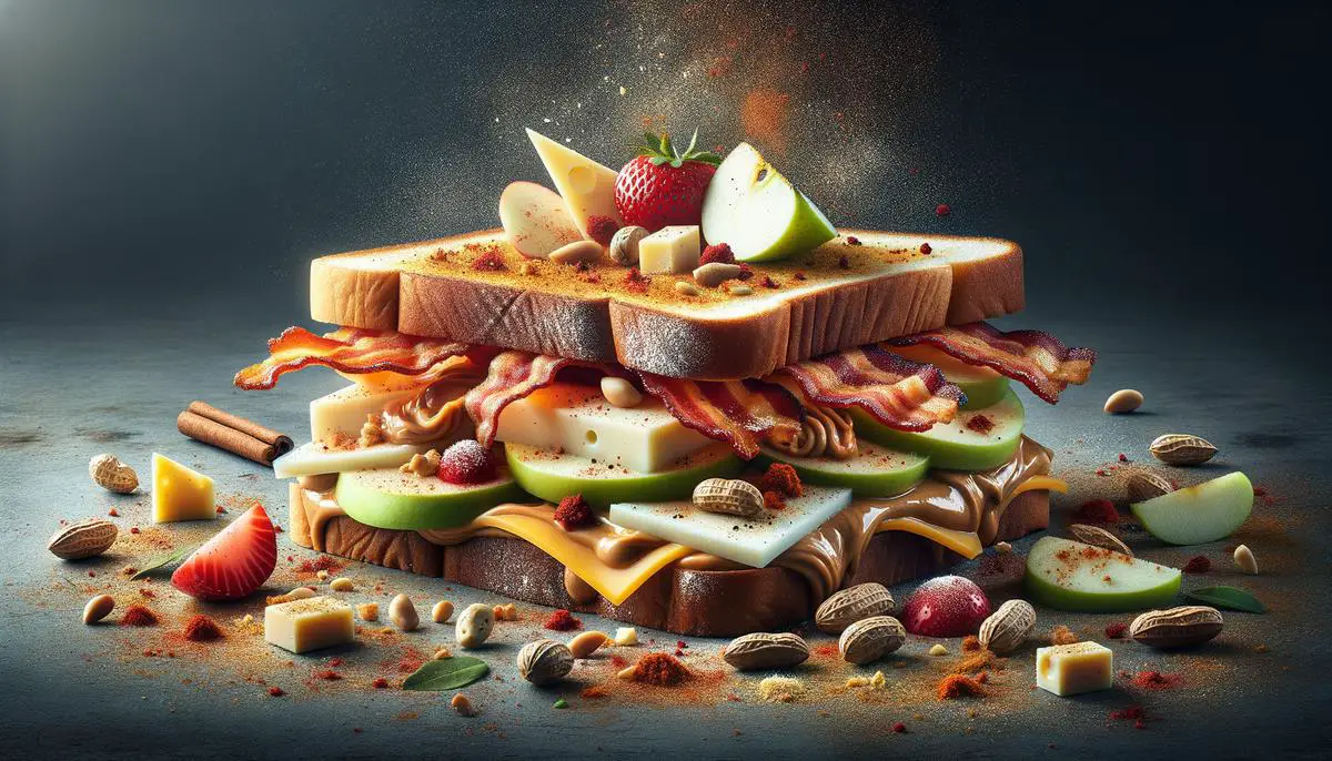 Variety of toppings for a peanut butter sandwich, including fruit, cheese, spices, and bacon