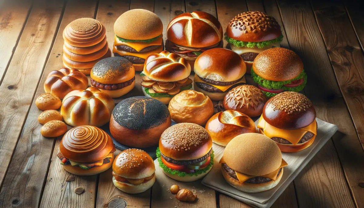 Variety of burger buns displayed, including brioche, sesame seed, potato, and gluten-free options