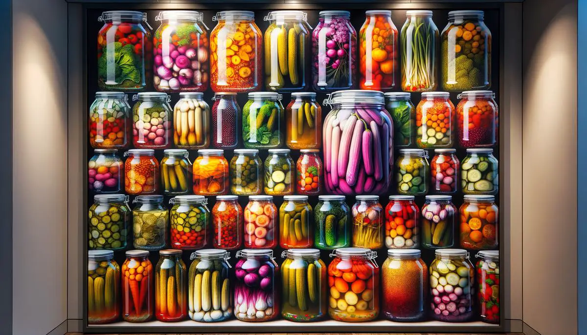 Image of various colorful pickled vegetables in jars, showcasing the end result of the pickling process