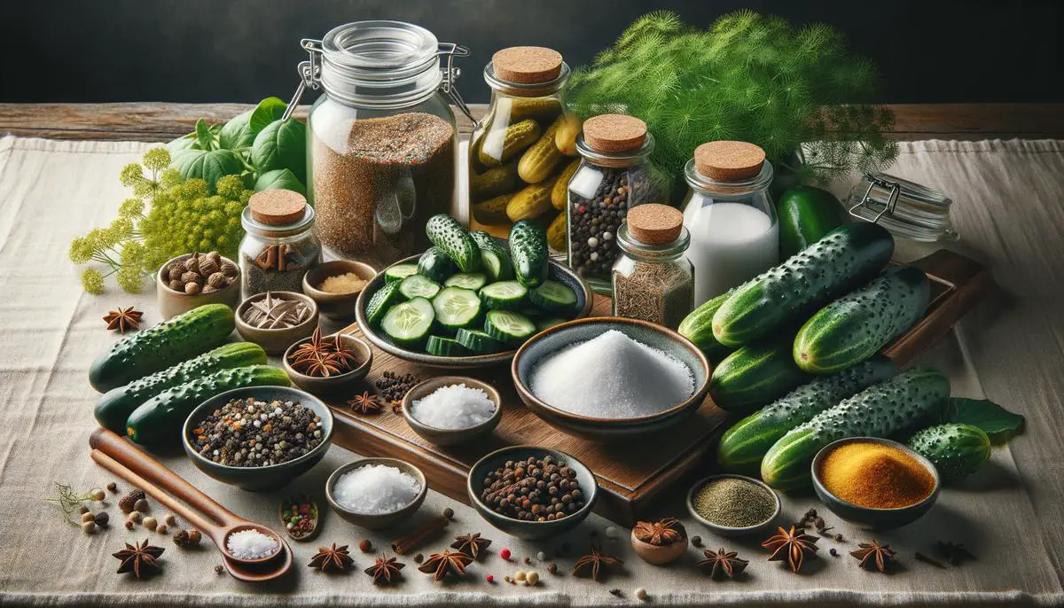 Various ingredients like cucumbers, vinegar, salt, sugar, spices, and herbs laid out on a table for pickling