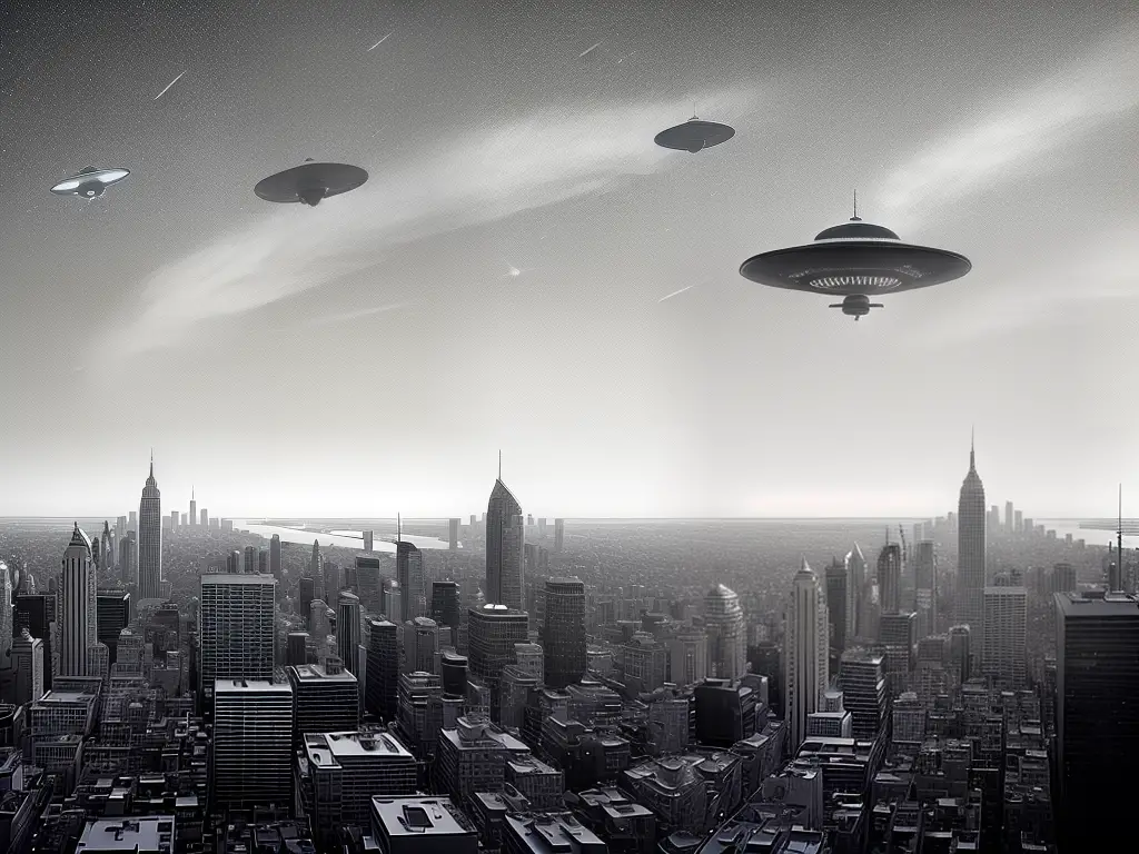 A drawing of a flying saucer hovering over a city skyline with people pointing and looking up in awe and fear.