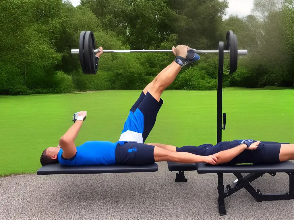 An image of a person lying on a bench with a barbell above them, their arms extended upwards. The person is pushing the bar upwards, and their feet are flat on the ground.