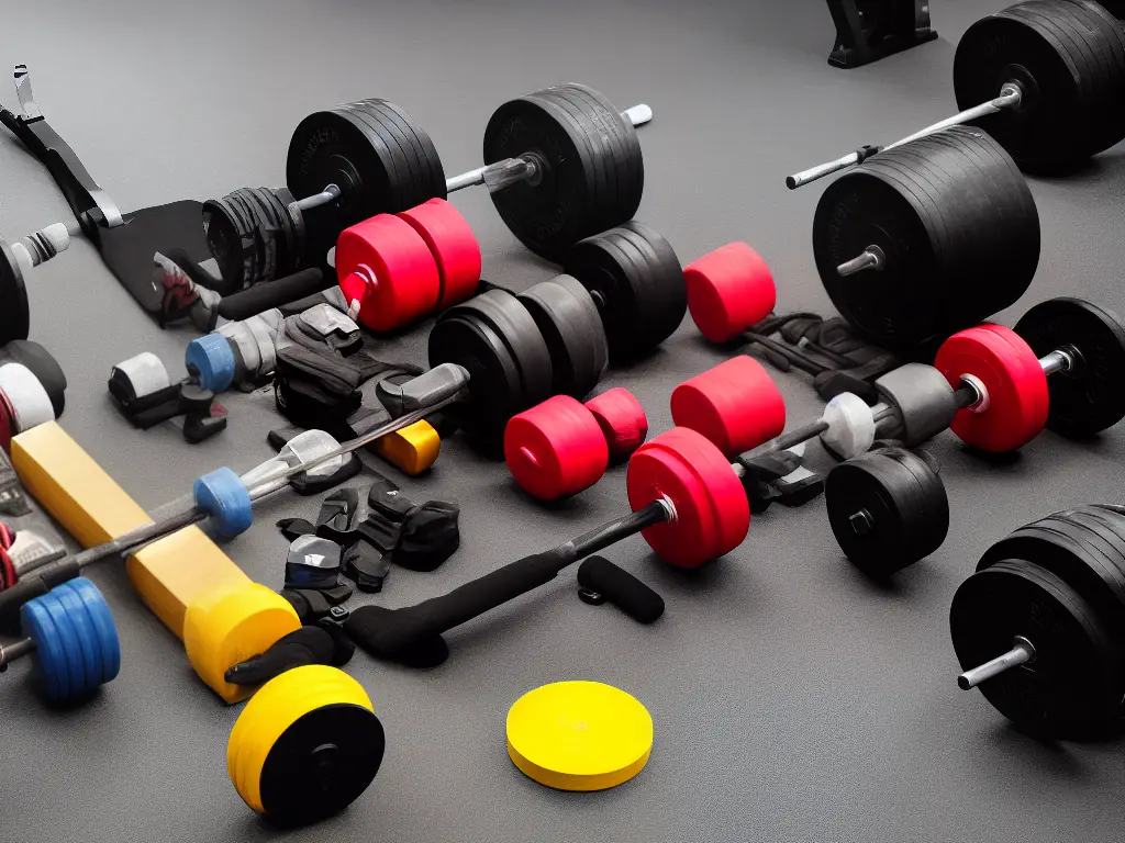 An image depicting the different equipment used in powerlifting, including a weightlifting belt, powerlifting shoes, knee sleeves, wrist wraps and lifting chalk.