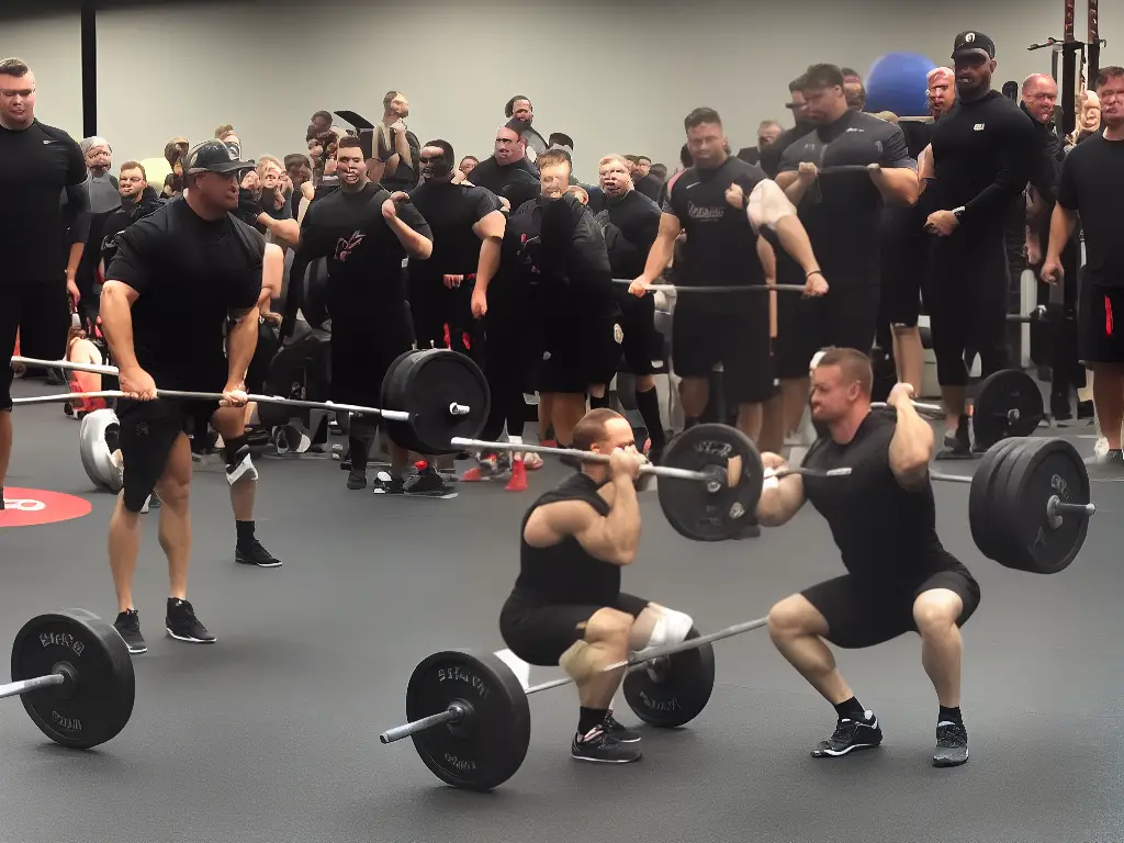 A powerlifter lifting a heavy barbell with weights on both sides while wearing a powerlifting belt and wrist wraps. The lifter is standing on a lifting platform and is surrounded by other lifters and spectators.