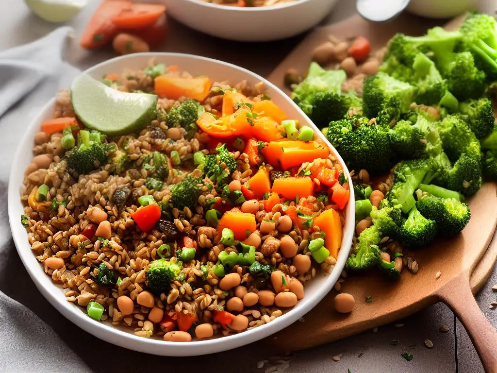 A vegan plate with legumes, grains, nuts and seeds, vegetables and sauces.