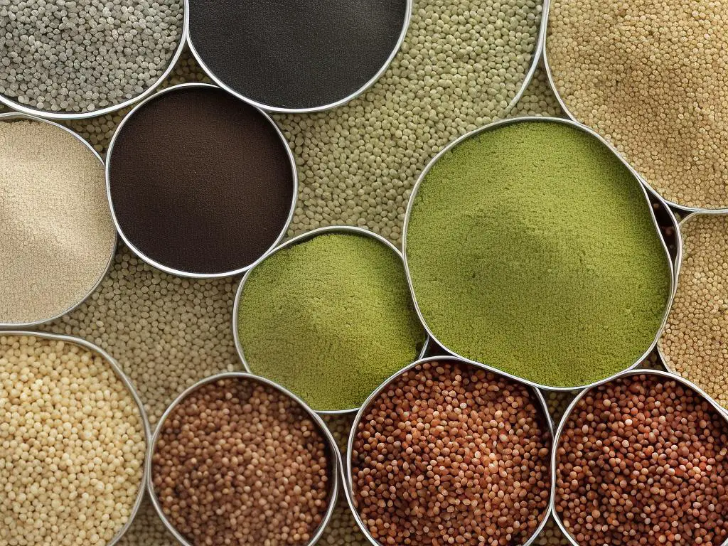 Image of different plant-based protein sources including quinoa, buckwheat, soy products, chia seeds, hemp seeds, and spirulina for a healthy vegan diet